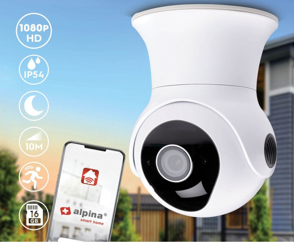 Kamera ALPINA 6465 Zewnętrzna, Wi-Fi, obraz, ochrona, bezpieczeństwo, monitoring, w tle dom i niebo, na pierwszym planie kamera oraz logotypy zalet kamery i smartfon z aplikacją