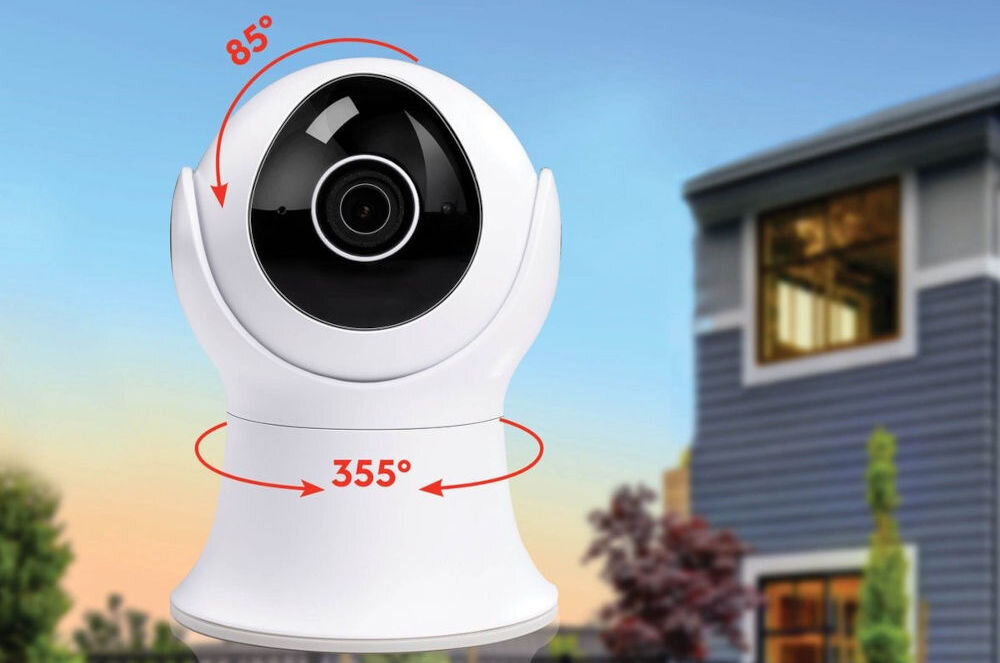 Kamera ALPINA 6465 Zewnętrzna, Wi-Fi, obraz, obiektyw, kąt, widzenie, w tle dom i niebo, na pierwszym planie kamera z wizualizacją kąt obrotu kamery