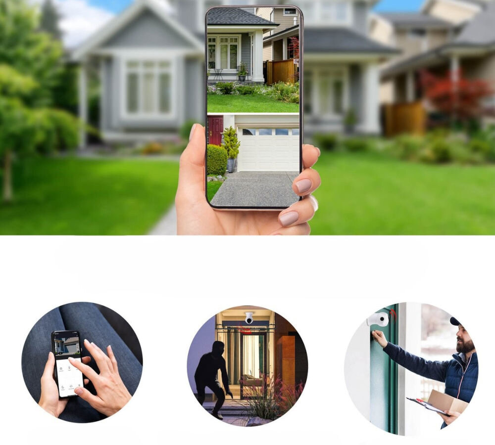 Kamera ALPINA 6465 Zewnętrzna, Wi-Fi, powiadomienia, aplikacja, alpina smart, Dwukierunkowa, 2 zdjęcia w 1 przedstawiające monitorowanie domu przez kamerę dzięki aplikacji alpina smart home