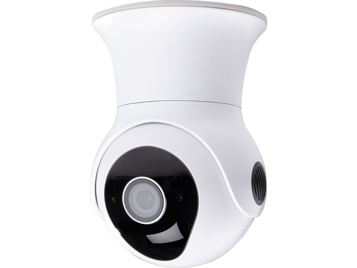 Kamera ALPINA 6465 Zewnętrzna, Wi-Fi, IP54, pył, deszcz, ochrona, na białym tle kamera do góry nogami frontem prawo skos