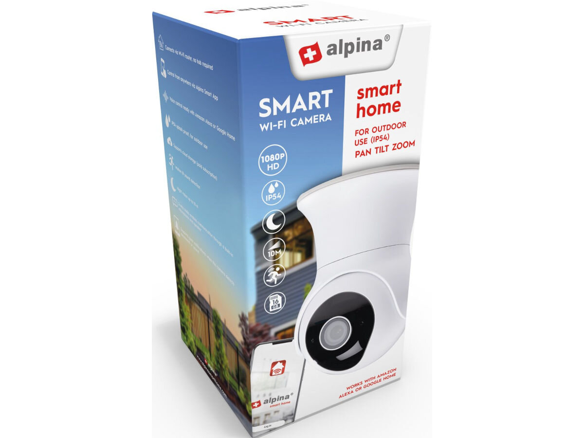 Kamera ALPINA 6465 Zewnętrzna, Wi-Fi, obraz, kompresowanie, zasilanie, współpraca, na białym tle kamera w opakowaniu fabrycznym