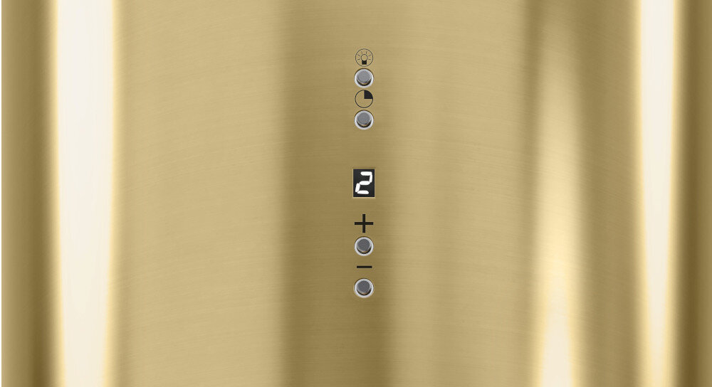 OKAP GLOBALO CYLINDRO ISOLA 39.7 Złoty mat  Zdjęcie przedstawia zbliżenie na panel sterowania okapu kuchennego w złotym, matowym wykończeniu firmy Globalo. Centralnie widoczny jest cyfrowy wyświetlacz i przyciski do regulacji mocy oraz oświetlenia urządzenia. Po bokach znajdują się lampy wiszące, a w tle widoczne są noże kuchenne w bloku oraz doniczka z rośliną. Kompozycja podkreśla elegancję i intuicyjną obsługę sprzętu komfort cicha praca 46 dB sterowanie soft-touch wyświetlacz LED 3 poziomy mocy funkcja boost timer 10–90 min automatyczne wyłączenie wygoda użytkowania okap kuchenny