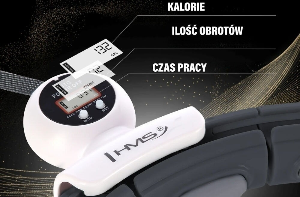 Hula hop HMS HHM15 Czarno-biały trwałe materiały PVC ABS PP wygoda długa żywotność regulowany obwód 78,5 do 110 cm pasek o długości 20-38 cm dopasowanie do różnych sylwetek wyświetlacz LCD monitorowanie czasu spalonych kalorii prędkości liczby obrotów ergonomiczne zapiecia na klips elementy amortyzujace
