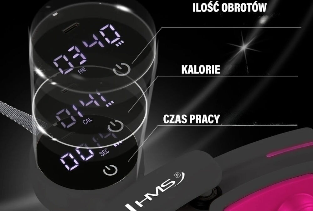 Hula hop HMS HHM16 Czarno-różowy cyfrowy wyświetlacz monitorowanie parametrów treningowych śledzenie liczby spalonych kalorii czas treningu liczba powtórzeń kontrolowanie postępów dostosowanie intensywności ćwiczeń wygodna obsługa do codziennych treningów pełna kontrola nad wynikami