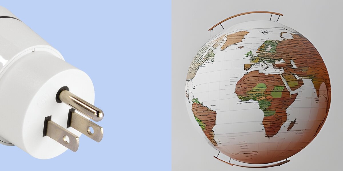 Adapter podróżny HAMA Core 223432 Europa - USA adapter na niebieskim tle obok kula ziemska uniwersalne zastosowanie działa w wielu krajach dla podróżników z Europy
