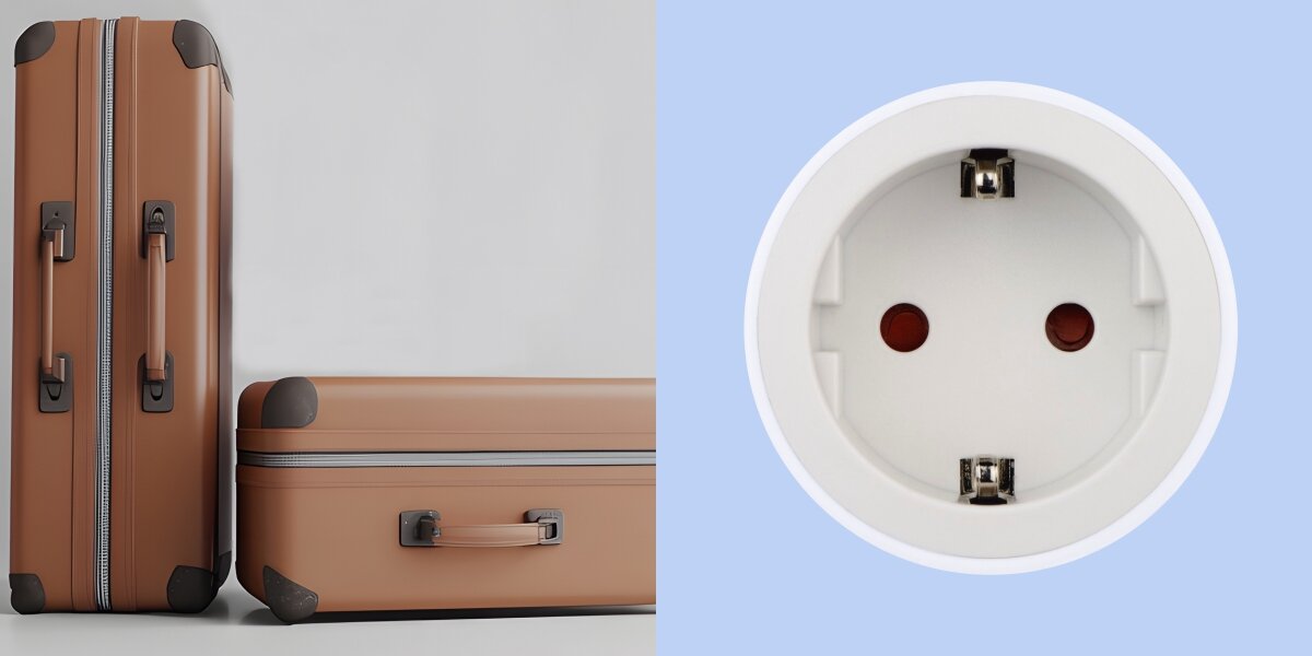 Adapter podróżny HAMA Core 223432 Europa - USA adapter na niebieskim tle obok walizki szeroka kompatybilność obsługuje 2- i 3-stykowe urządzenia z uziemieniem lub wtyczkami konturowymi lub Euro do uziemionych i nieuziemionych urządzeń