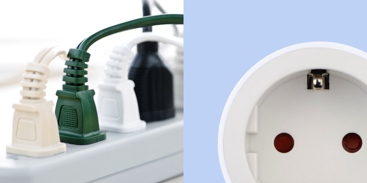 Adapter podróżny HAMA Core 223432 Europa - USA zbliżenie na wejście do adaptera obok listwa z wtyczkami obsługa różnych typów gniazd do użytku z gniazdami typu B z urządzeniami z wtyczką typu C i F duża funkcjonalność