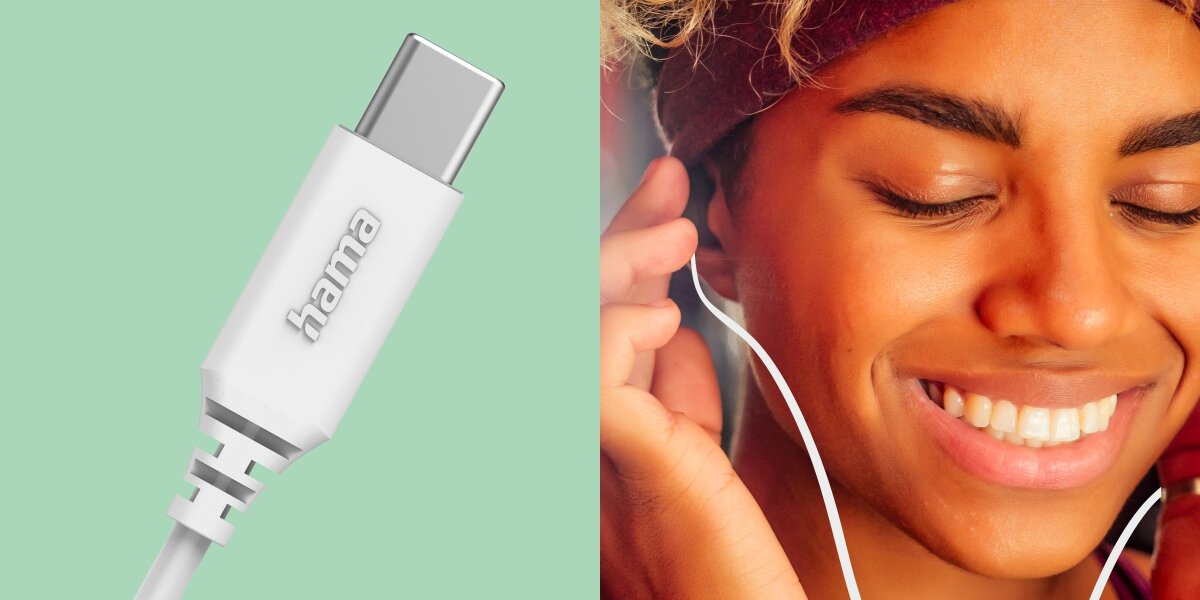 Słuchawki douszne HAMA Ocean II - Swoboda ruchu, wtyk usb-c kobieta słuchająca muzyki w słuchawkach