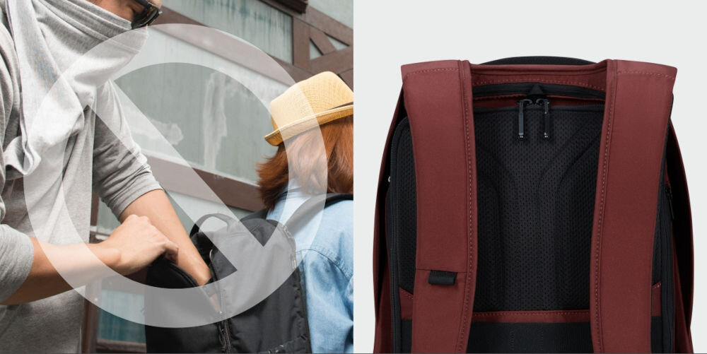 Plecak na laptopa SAMSONITE Securipak 2.0 15.6 cali ochrona przed kradzieżą, główna komora otwierana wyłącznie od tyłu,
znak zakazu, osoba wkładająca rękę do plecaka, który kobieta ma na plecach, tył plecaka na szarym tle