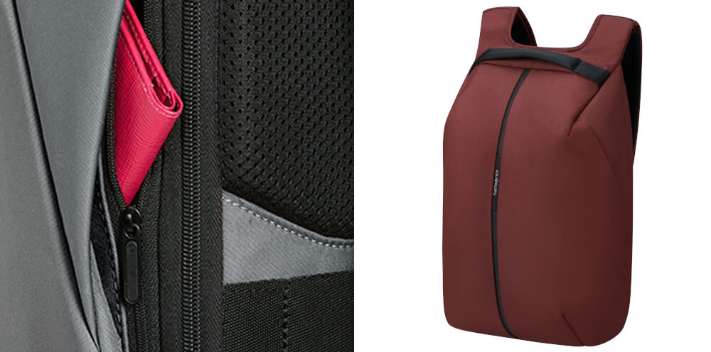 Plecak na laptopa SAMSONITE Securipak 2.0 15.6 cali chroń swoje dane, dwie dyskretnie ukryte kieszenie boczne, kieszeń z ochroną RFID,
zbliżenie na kieszeń z ochroną RFID, plecak pod lekkim skosem na białym tle