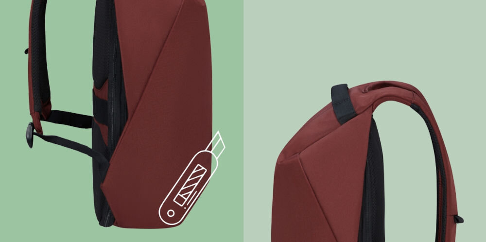 Plecak na laptopa SAMSONITE Securipak 2.0 15.6 cali ekologiczny i trwały, wykonany w 100% z poliestru z recyklingu, odporność na przecięcia,
produkt bokiem na zielonym tle, ikona nożyka