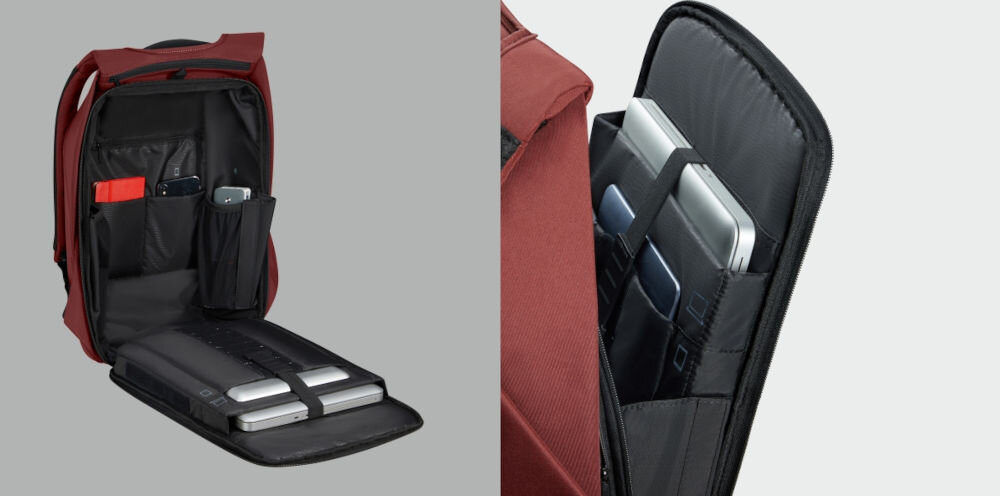 Plecak na laptopa SAMSONITE Securipak 2.0 15.6 cali wygodna organizacja wnętrza, przemyślane wnętrze, liczne kieszenie i przegrody, specjalnie zaprojektowane kieszenie na
laptopa do 15,6, tablet do 10,5, dokumenty, telefon oraz powerbank,
otwarty plecak, wewnątrz plecaka laptop, tablet, telefon, powerbank, notes