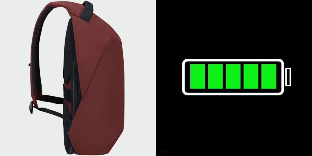 Plecak na laptopa SAMSONITE Securipak 2.0 15.6 cali
ładowanie w podróży, zintegrowany port USB-A umieszczony pod uchwytem górnym, wewnętrzna kieszeń na powerbank
plecak bokiem na szarym tle, obrazek symbolizujący naładowaną baterię na czarnym tle
