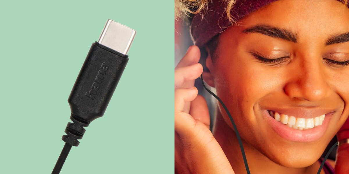 Słuchawki douszne HAMA Sea II - Ochrona przeciwzgięciowa, wtyk usb-c kobieta słuchająca muzyki w słuchawkach