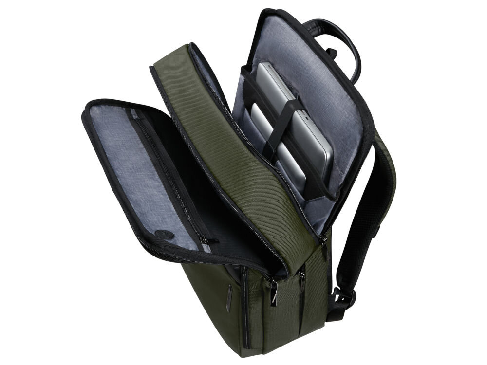 Plecak na laptopa SAMSONITE XBR 2.0 15.6 cali zielony liczne przegródki i kieszenie w różnych rozmiarach oddzielna komora na laptopa o przekątnej do 15,6 cala