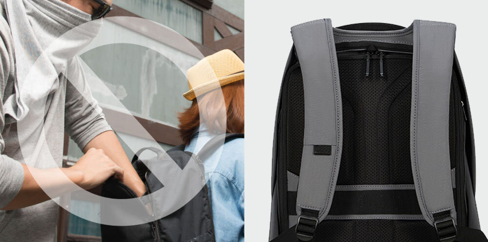 Plecak na laptopa SAMSONITE Securipak 2.0 15.6 cali ochrona przed kradzieżą, główna komora otwierana wyłącznie od tyłu,
znak zakazu, osoba wkładająca rękę do plecaka, który kobieta ma na plecach, tył plecaka na szarym tle