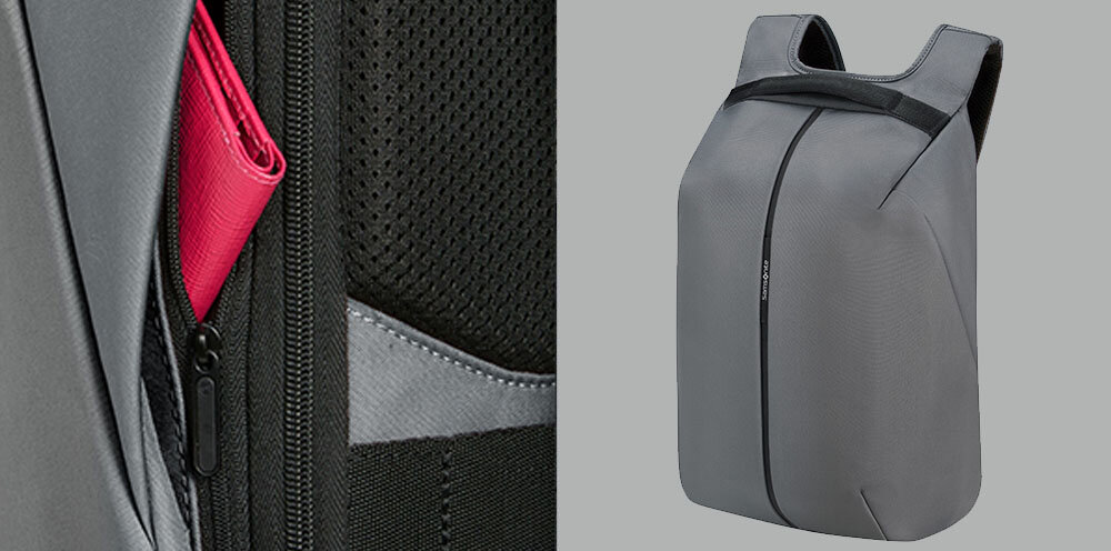Plecak na laptopa SAMSONITE Securipak 2.0 15.6 cali chroń swoje dane, dwie dyskretnie ukryte kieszenie boczne, kieszeń z ochroną RFID,
zbliżenie na kieszeń z ochroną RFID, plecak pod lekkim skosem na szarym tle