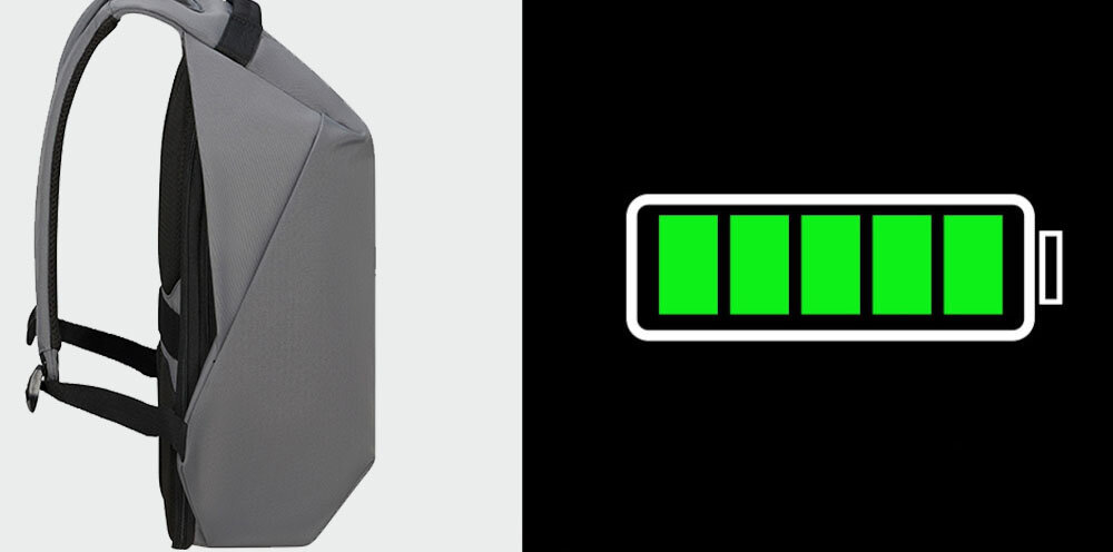 Plecak na laptopa SAMSONITE Securipak 2.0 15.6 cali ładowanie w podróży, zintegrowany port USB-A umieszczony pod uchwytem górnym, wewnętrzna kieszeń na powerbank
plecak bokiem na szarym tle, obrazek symbolizujący naładowaną baterię na czarnym tle
