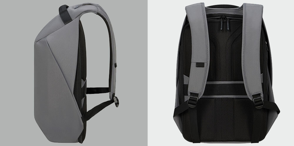Plecak na laptopa SAMSONITE Securipak 2.0 15.6 cali praktyczne funkcje, uchwyt górny, mocowanie smart sleeve, odblaskowy pasek biegnący przez całą długość plecaka
bok plecaka na szarym tle, tył plecaka