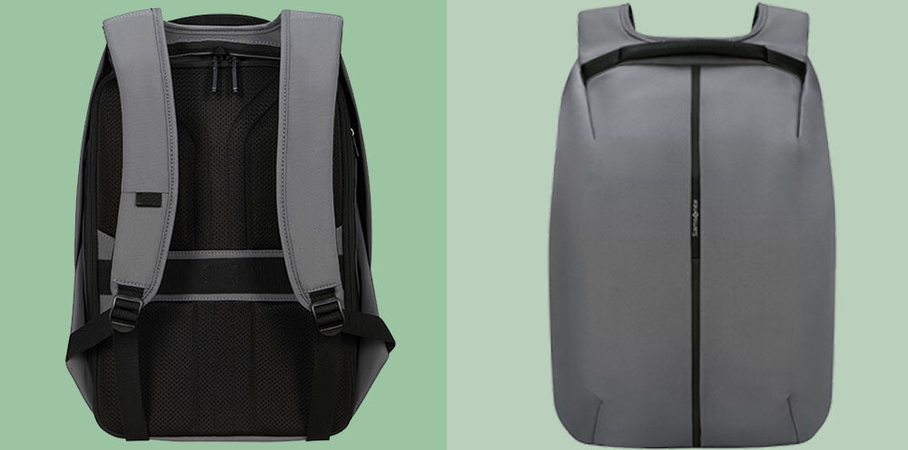 Plecak na laptopa SAMSONITE Securipak 2.0 15.6 cali lekki i pojemny, niska waga ok. 0,8 kg, lekki i wygodny do codziennego noszenia, kompaktowe wymiary ok. 30 x 18 x 44,5 cm,
16 litrów pojemności,
tył plecaka na zielonym tle, plecak od frontu na zielonym tle