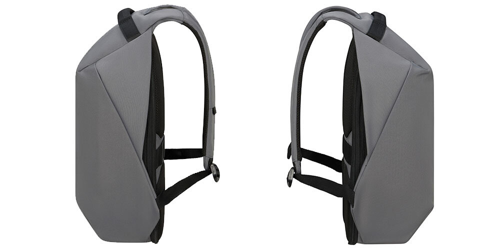 Plecak na laptopa SAMSONITE Securipak 2.0 15.6 cali wodoodporny materiał, wykonanie z wodoodpornej tkaniny, praktyczne rozwiązanie,
dwa plecaki bokiem na białym tle
