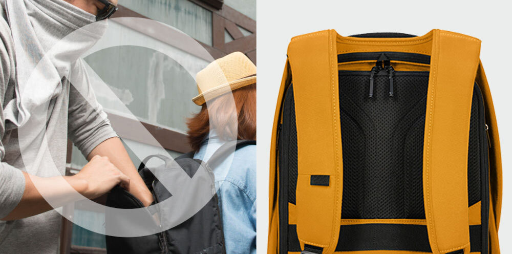 Plecak na laptopa SAMSONITE Securipak 2.0 15.6 cali ochrona przed kradzieżą, główna komora otwierana wyłącznie od tyłu,
znak zakazu, osoba wkładająca rękę do plecaka, który kobieta ma na plecach, tył plecaka na szarym tle