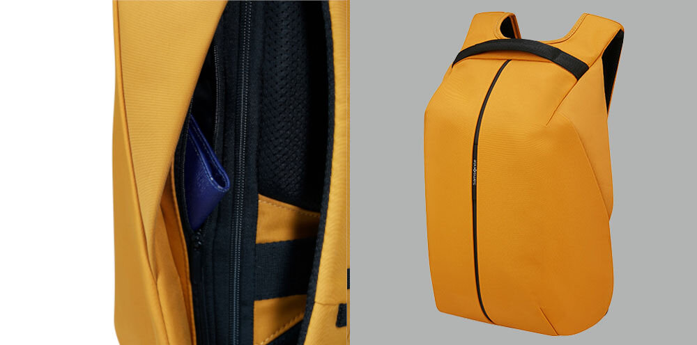 Plecak na laptopa SAMSONITE Securipak 2.0 15.6 cali chroń swoje dane, dwie dyskretnie ukryte kieszenie boczne, kieszeń z ochroną RFID,
zbliżenie na kieszeń z ochroną RFID, plecak pod lekkim skosem na szarym tle