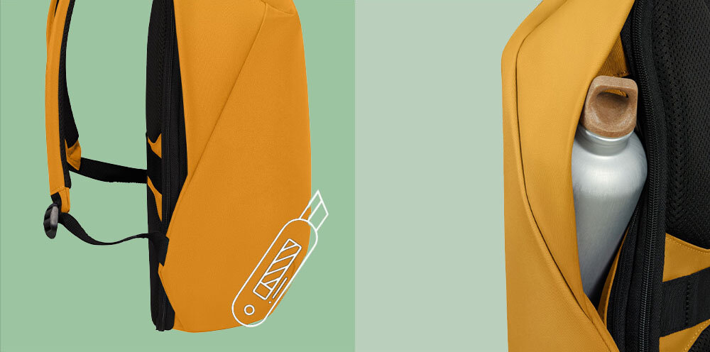 Plecak na laptopa SAMSONITE Securipak 2.0 15.6 cali ekologiczny i trwały, wykonany w 100% z poliestru z recyklingu, odporność na przecięcia,
produkt bokiem na zielonym tle, ikona nożyka, produkt bokiem, kieszeń na butelkę