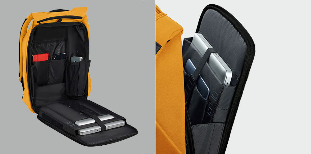 Plecak na laptopa SAMSONITE Securipak 2.0 15.6 cali wygodna organizacja wnętrza, przemyślane wnętrze, liczne kieszenie i przegrody, specjalnie zaprojektowane kieszenie na
laptopa do 15,6, tablet do 10,5, dokumenty, telefon oraz powerbank,
otwarty plecak, wewnątrz plecaka laptop, tablet, telefon, powerbank, notes