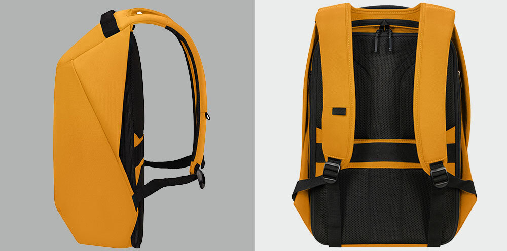 Plecak na laptopa SAMSONITE Securipak 2.0 15.6 cali praktyczne funkcje, uchwyt górny, mocowanie smart sleeve, odblaskowy pasek biegnący przez całą długość plecaka
bok plecaka na szarym tle, tył plecaka