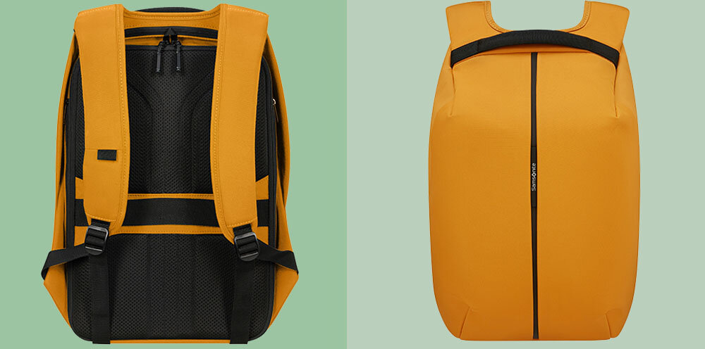Plecak na laptopa SAMSONITE Securipak 2.0 15.6 cali lekki i pojemny, niska waga ok. 0,8 kg, lekki i wygodny do codziennego noszenia, kompaktowe wymiary ok. 30 x 18 x 44,5 cm,
16 litrów pojemności,
tył plecaka na zielonym tle, plecak od frontu na zielonym tle