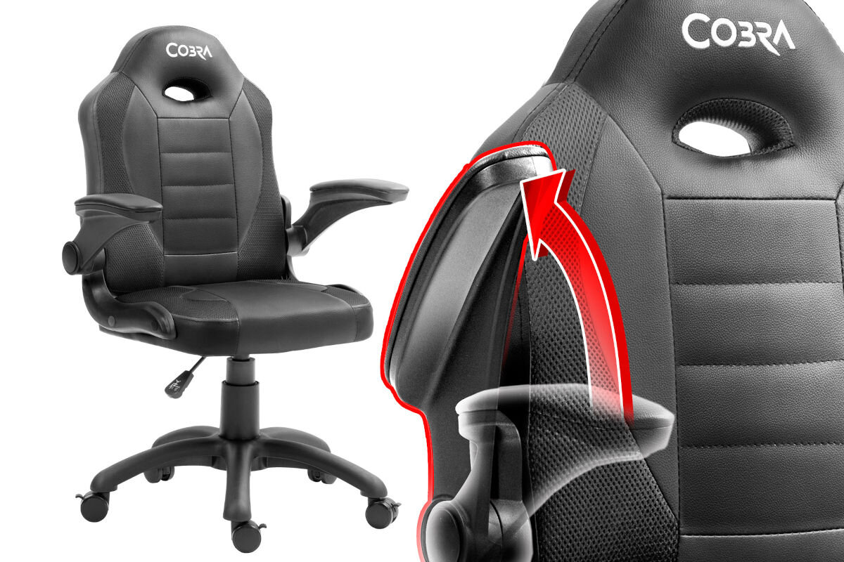 Fotel COBRA Junior Pro CRF-2306 Czarny regulowane podłokietniki możliwość dopasowania wysokości zakres wysokości od 90 do 100 cm regulowana wysokość siedziska od 43 do 53 cm podnośnik gazowy klasy 3