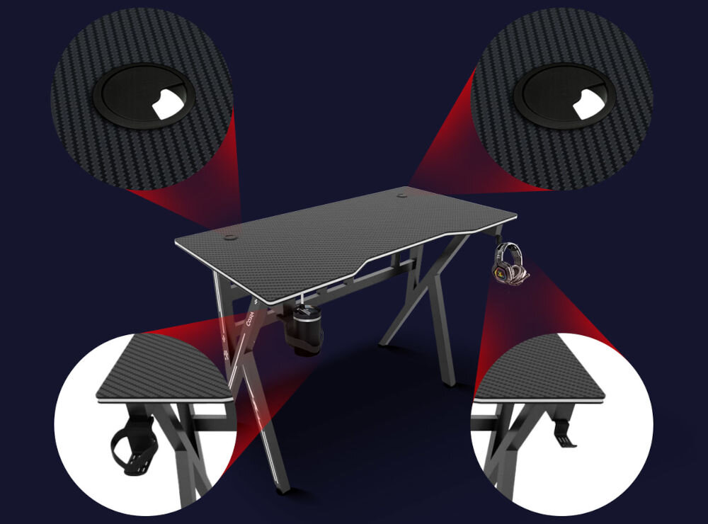 Biurko gamingowe COBRA CR2009 Czarny  wyposażone w dwa praktyczne otwory na kable oraz uchwyty na słuchawki i bidon przemyślane rozwiązania