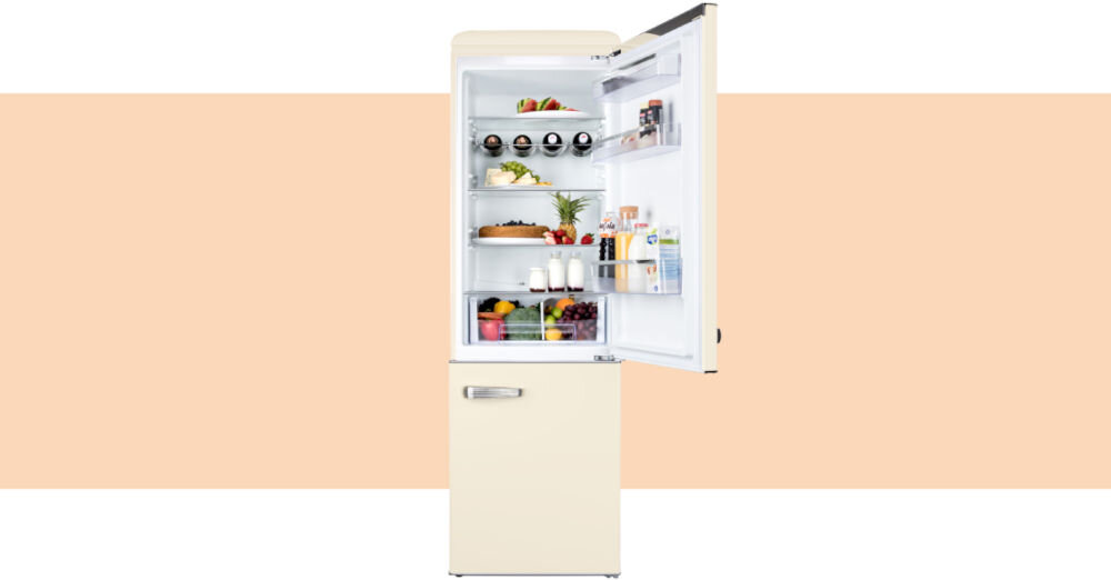Lodówka ETA 253090040E Retro 192cm Beżowa wysokość 192 cm dwie niezależne stresy lodówka pojemność 216 litrów zamrażarka 84 litry duża przestrzeń do przechowywania żywności funkcja zamrażania do 4 kg produktów na dobę dla większych rodzin oraz osób ceniących organizację