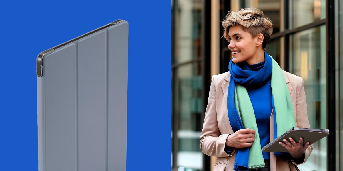 Etui na Galaxy Tab A9+ HAMA Fold Clear Lekka i trwała ochrona - etui na tle i w rece kobiety