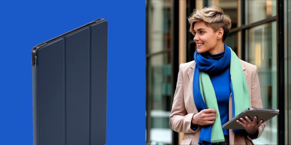 Etui na Galaxy Tab A9+ HAMA Fold Clear Lekka i trwała ochrona - etui na tle i w rece kobiety