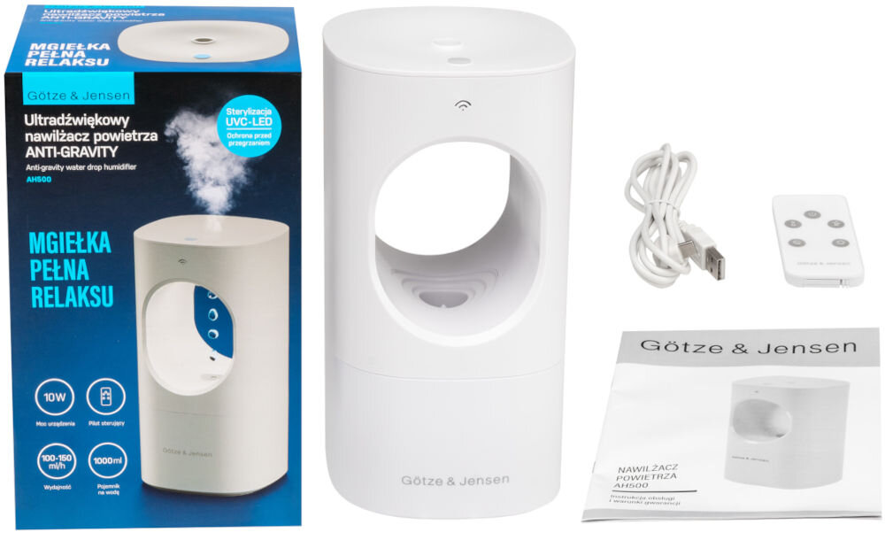 Nawilżacz GÖTZE & JENSEN AH500 pilot kabel usb-a na usb-c zasilacz USB-A instrukcja obsługi z warunkami gwarancji