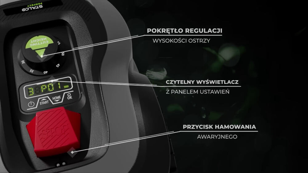Robot koszący STALCO Perfect RMP2000US sterowanie Bluetooth/Wi-Fi 2000m2, robot, koszenie, akumulator, mulczowanie, Panel sterowania robota koszącego z wyświetlaczem.