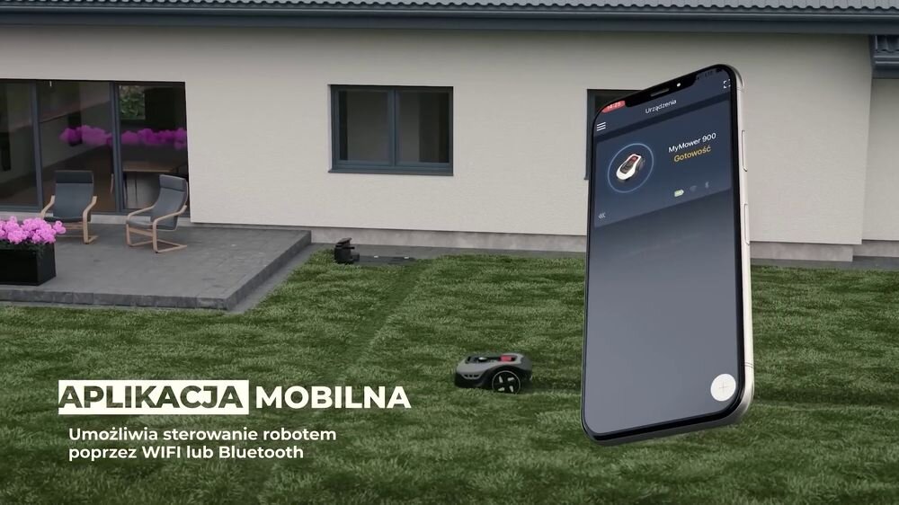 Robot koszący STALCO Perfect RMP2000US sterowanie Bluetooth/Wi-Fi 2000m2, aplikacja, wifi, bluetooth, sterowanie, Robot koszący na trawniku i smartfon z aplikacją.