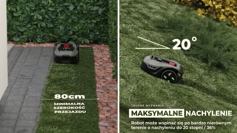 Robot koszący STALCO Perfect RMP2000US sterowanie Bluetooth/Wi-Fi 2000m2, przejazd, korytarz, nachylenie, wzniesienia, Robot koszący w wąskim przejeździe i na pochyłości.