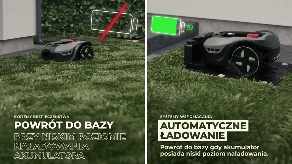 Robot koszący STALCO Perfect RMP2000US sterowanie Bluetooth/Wi-Fi 2000m2, powrót, baza, ładowanie, harmonogram, Robot koszący powracający do bazy w celu ładowania.