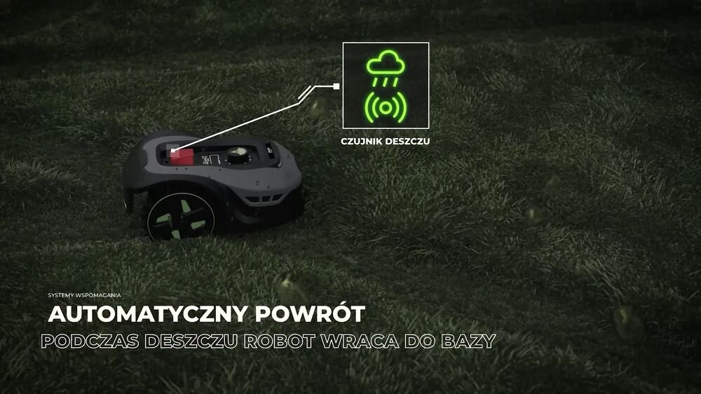 Robot koszący STALCO Perfect RMP2000US sterowanie Bluetooth/Wi-Fi 2000m2, czujnik, deszcz, wysokość, regulacja, Robot koszący z czujnikiem deszczu na trawniku.