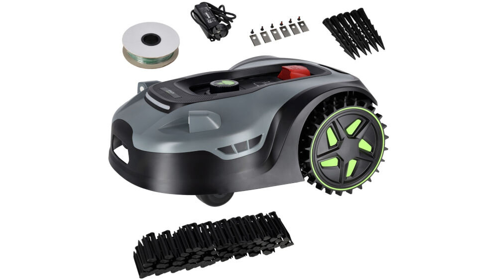 Robot koszący STALCO Perfect RMP2000US sterowanie Bluetooth/Wi-Fi 2000m2, zestaw, instrukcja, komplet, obsługa, na białym tle pełen zestaw robota koszącego z akcesoriami