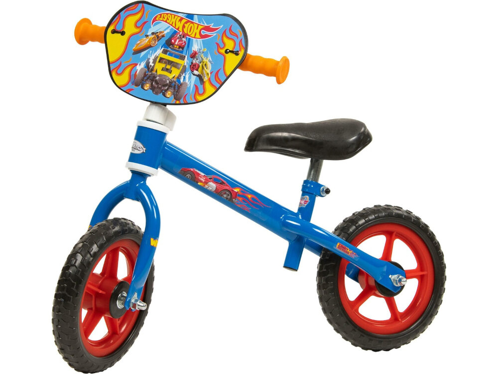 Rowerek biegowy TOIMSA Hot Wheels Niebiesko-czerwony rower na białym tle widoczny z boku pierwszy pojazd dziecka do samodzielnej jazdy pomaga ćwiczyć motorykę siłę i mięśnie nóg utrzymywanie równowagi koordynację ruchową w żywej niebiesko-czerwonej kolorystyc postacie z filmu Hot Wheels