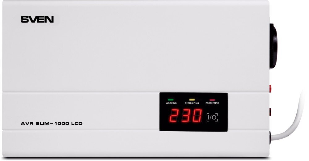 Stabilizator napięcia SVEN AVR Slim-1000 Widok urządzenia od frontu z panelem LCD i świecącymi diodami oraz z przewodem zasilającym wychodzącym z prawej strony, działanie, przeznaczenie, wyświetlacz, napięcie