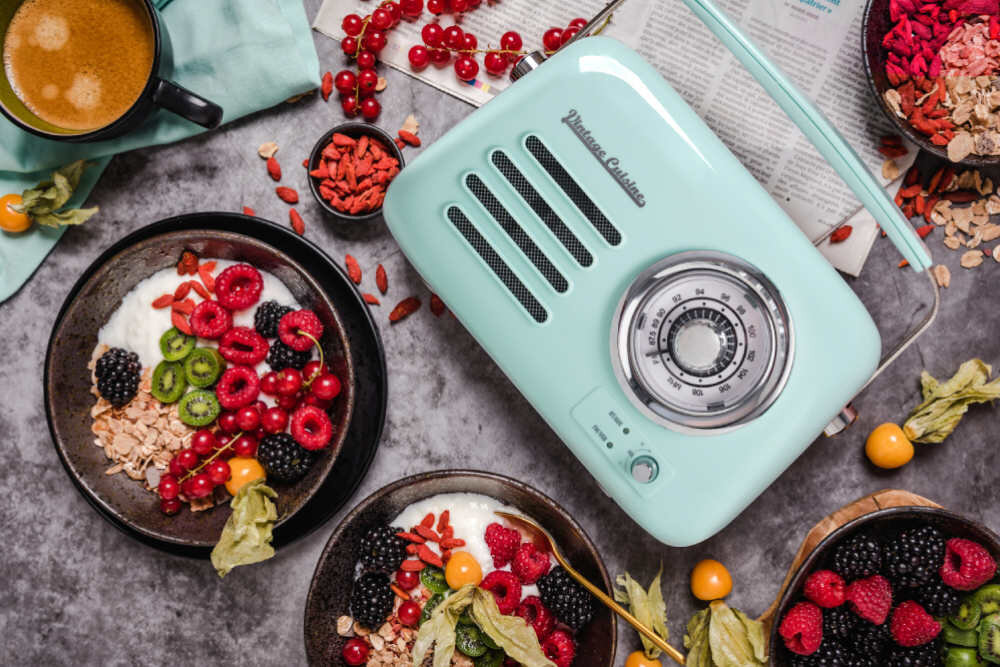 Radio VINTAGE CUISINE Chrom Miętowy Stylowy design retro błyszczące limitowana kolekcja kolory lata design funkcjonalność styl wygoda moc
