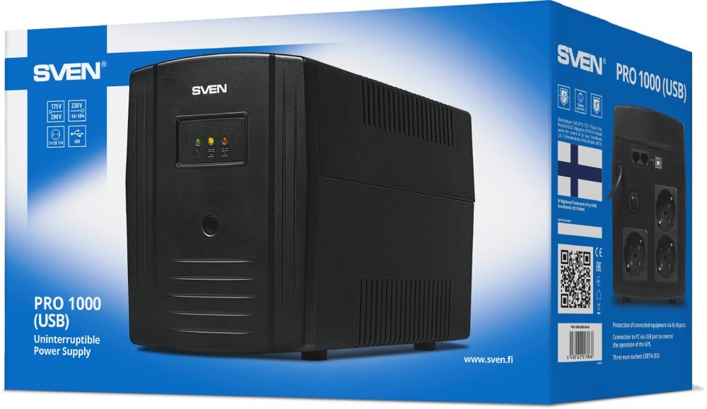 Zasilacz UPS SVEN Pro 1000 1000VA 720W moc skuteczna czas podtrzymania diody LED przełączanie