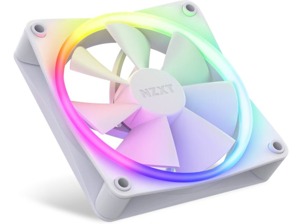 Wentylator NZXT F120 RGB PWM Wentylator komputerowy z widocznym kolorowym, okrągłym podświetleniem obudowy, widok z ukosa