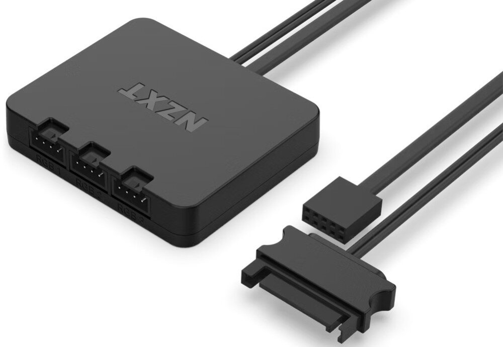 Wentylator NZXT F120 RGB PWM Czarny, płaski kontroler z trzema złączami i napisem 'NZXT', z widocznymi przewodami i dwoma rodzajami wtyczek po prawej stronie