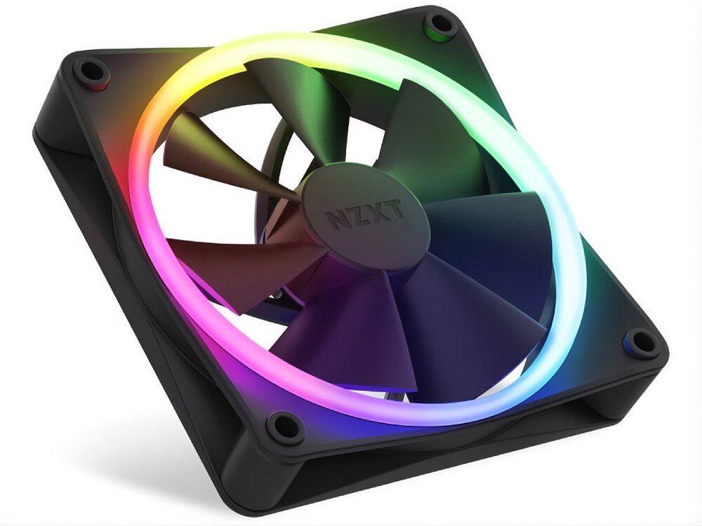 Wentylator NZXT F120 RGB PWM Wentylator komputerowy z widocznym kolorowym, okrągłym podświetleniem obudowy, widok z ukosa